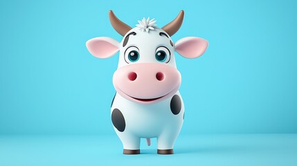 A friendly 3D cartoon cow icon with large eyes, soft rounded spots, and a cute pink nose, standing happily in a simple environment.