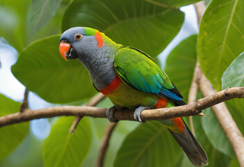 Naklejka premium Colorful parrot with green leaves