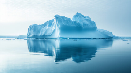 A giant iceberg shimmering in soft blue hues, towering over the tranquil Arctic waters.