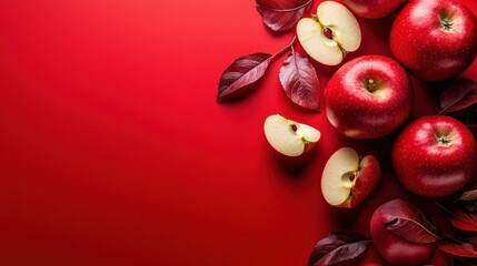 Fresh red apples on a vivid background with leaves and slices