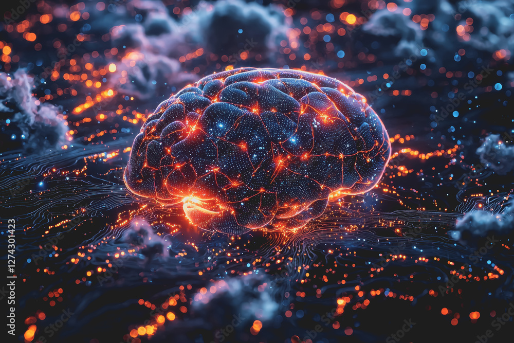 Poster brain surrounded by a network of glowing lights and connections illustrating neural activity and tec