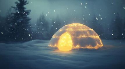 A glowing igloo in the middle of a snowy landscape, illuminated from within as snow falls around it.