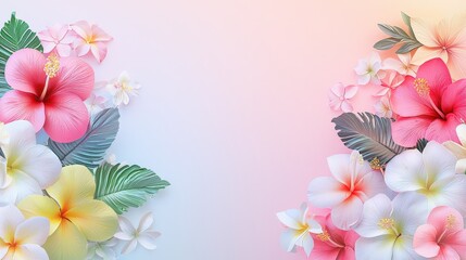 Naklejka premium A high-quality 3D Hawaiian-themed banner with bright floral arrangements, tiki-inspired details, and a smooth, minimalistic gradient effect.
