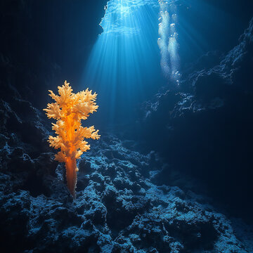A deep-sea hydrothermal vent with unique marine creatures, glowing in the darkness of the ocean floor