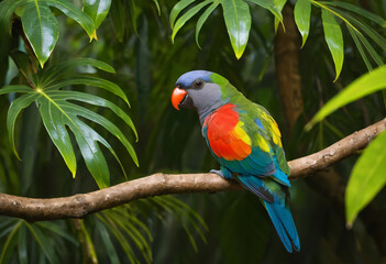 Colorful parrot with green leaves