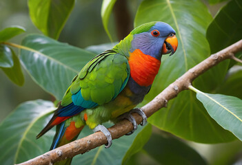 Colorful parrot with green leaves