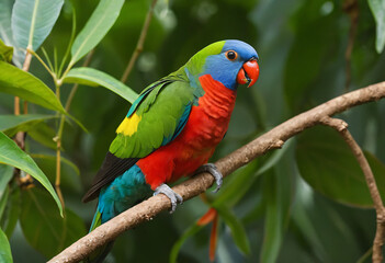 Obraz premium Colorful parrot with green leaves