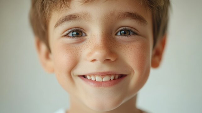 Cute young boy smiling at camera, close-up of face with freckles.