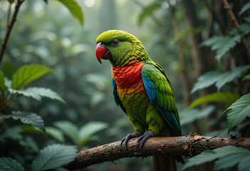 Naklejka premium Colorful parrot with green leaves