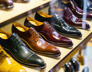 collection of polished leather dress shoes in various colors is displayed on wooden shelf, showcasing elegant craftsmanship and style suitable for formal events