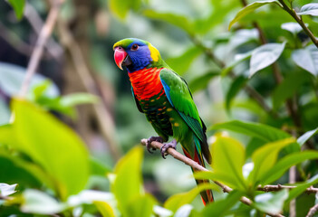 Obraz premium Colorful parrot with green leaves