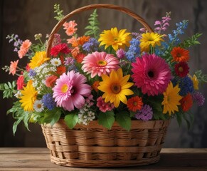 Colorful mix of summer flowers in a vintage basket, rustic decor, wildflowers