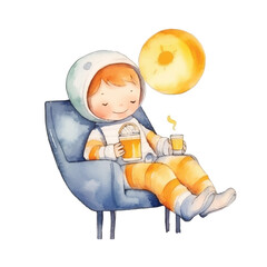 watercolors Cute astronaut relaxing on moon with orange illustration 