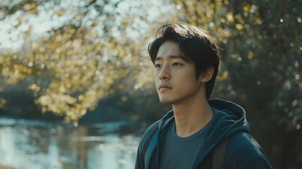 Man in contemplative pose on a serene riverbank.