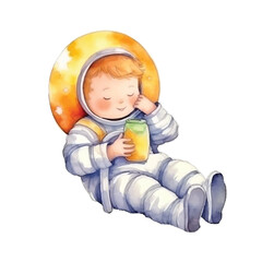 Fototapeta premium watercolors Cute astronaut relaxing on moon with orange illustration 