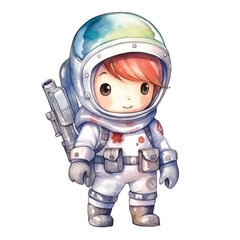 watercolors Cute astronaut soldier holding space gun 