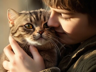 A heartwarming scene captures a young girl lovingly petting her cat.