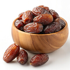 Wooden Bowl Filled With Fresh Ripe Organic Dates Isolated on White Background