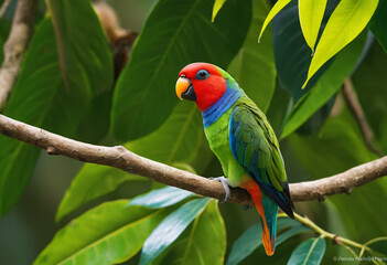 Colorful parrot with green leaves