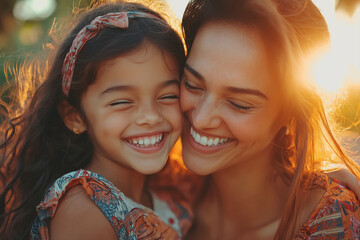 Fototapeta premium Mother and daughter smiling together during a beautiful sunset on a warm evening outdoors