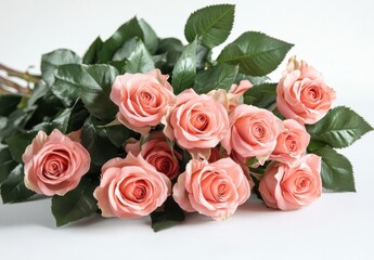 Beautiful Arrangement of Soft Pink Roses with Green Leaves on a White Background for Floral, Wedding, and Decoration Themes