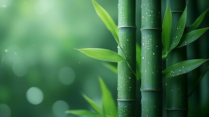 Obraz premium Carefully arranged thin bamboo stems in fresh green tones with soft blurred edges creating a simple minimalist natural composition with ample copy space for text overlay