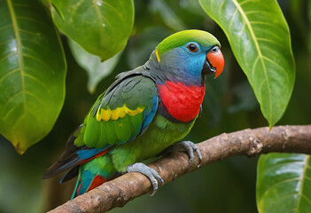 Colorful parrot with green leaves