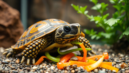 A colorful turtle enjoying a fresh vegetable meal in a terrarium setting, terrariums with turtles