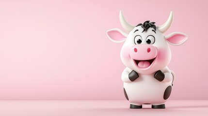 A stylish 3D cow cartoon icon with exaggerated features, glossy textures, and a fun and modern aesthetic, ideal for branding.