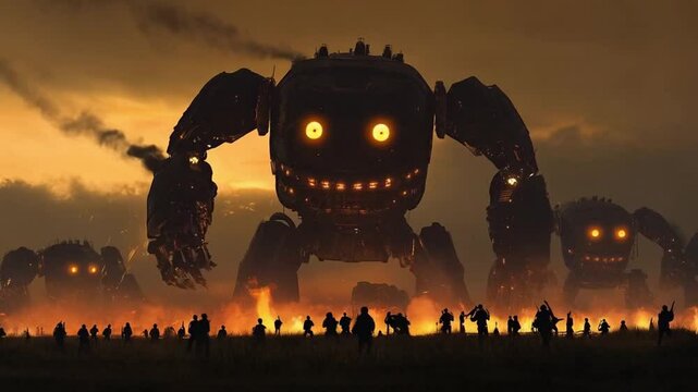 Giant monster robot army scene, smooth repeating motion for background video animation