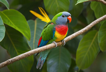 Colorful parrot with green leaves