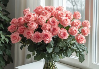 Obraz premium Beautiful bouquet of pink roses arranged elegantly in a glass vase by a bright window surrounded by soft natural light and lush green leaves