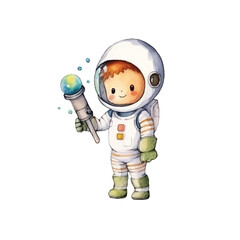 watercolors Cute astronaut with telescope illustration 