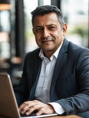 Fototapeta premium Man in suit working on laptop at table