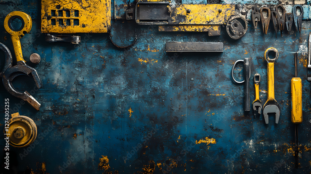Poster workshop tools: a top-down shot captures a collection of essential tools of the trade neatly arrange