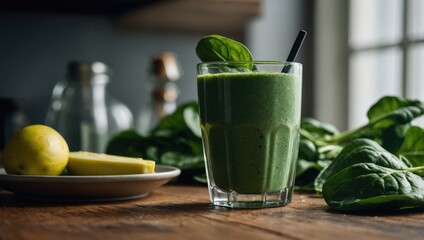 Spinach smoothie in a glass on the table