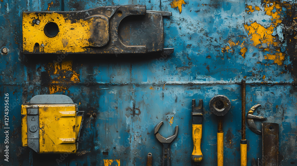 Poster rust and resilience: an array of vintage tools, coated in the enduring marks of labor and time, rest