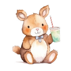 watercolors Cute squirrel drinking boba milk tea illustration 