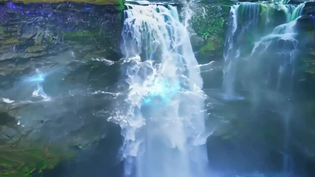 A waterfall with a greenish blue color. The water is flowing down the cliff. The waterfall is surrounded by a lush green grass