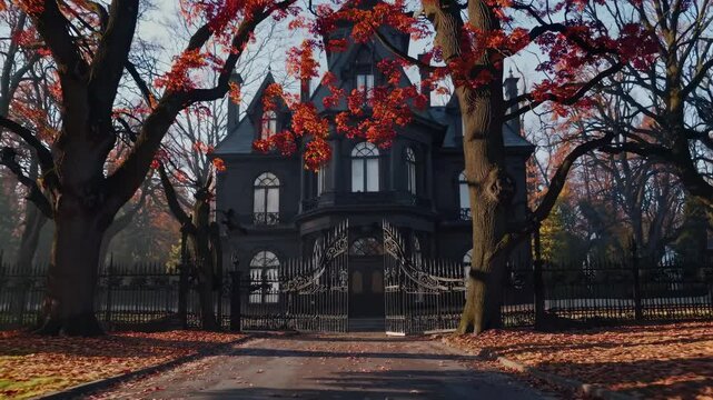 Gothic mansion framed by autumn trees, captured from a low-angle, creating a mysterious, cinematic video atmosphere.