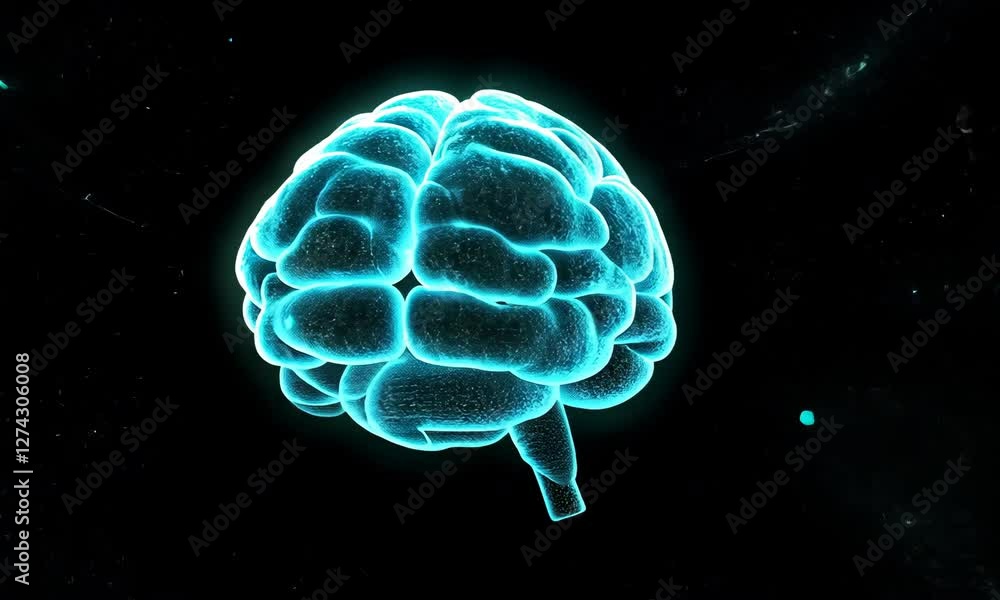 Aufkleber rotating digital brain model glowing cyan in space