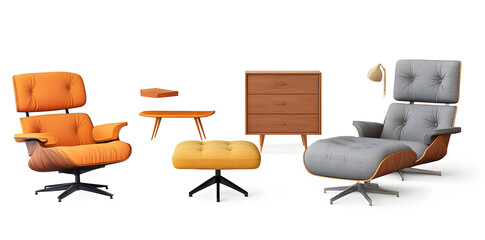 Set of trendy sofas, armchairs, with cushions in retro mid-century style. Modern soft furniture collection