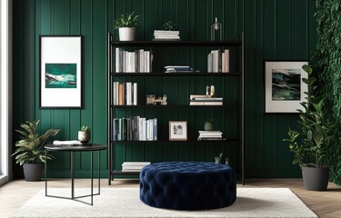 Design an interior with dark teal blue walls, black shelves for books and decor, green plants on the floor