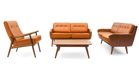 Set of trendy sofas, armchairs, with cushions in retro mid-century style. Modern soft furniture collection