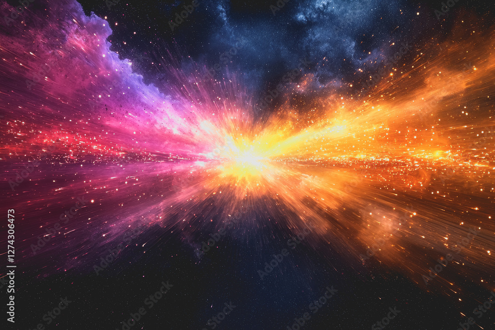Poster colorful explosion of light and stars in a cosmic space background with vibrant hues and celestial p