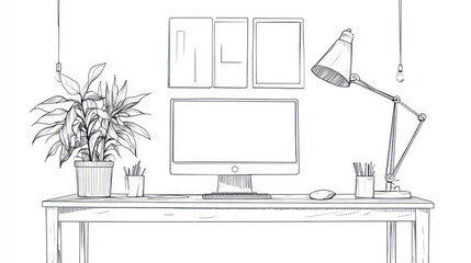 Line drawing of a modern workspace