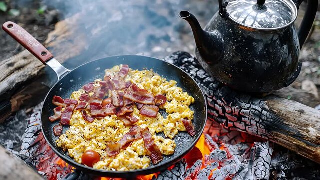 Campfire breakfast with scrambled eggs and bacon