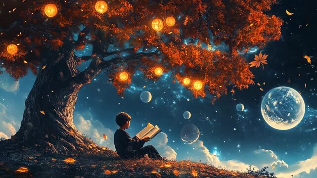 A child reading beneath a vibrant orange-leaved tree adorned with glowing orbs, surrounded by a celestial sky filled with planets, stars, and cosmic wonders