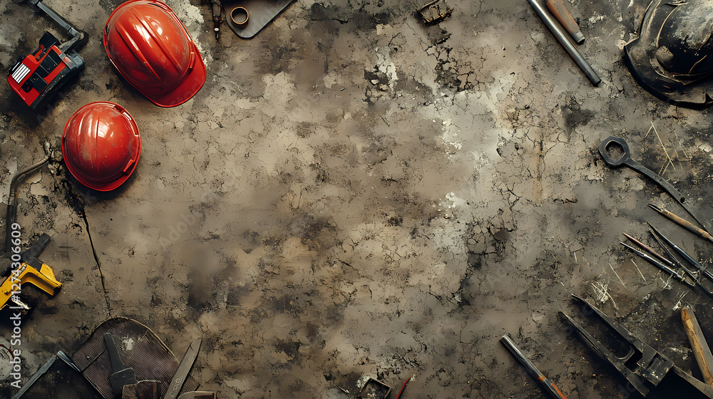 Poster workshop workspace: a captivating top-down perspective showcases a worn, textured workbench surface,
