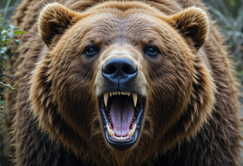 Obraz premium Brown grizzly bear close up with roar
